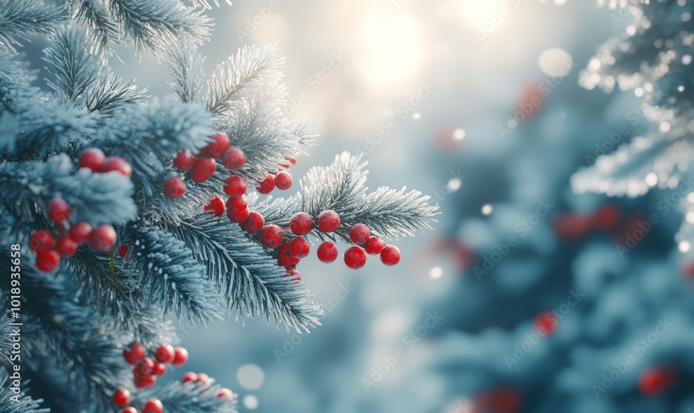 Snow-covered fir branches with bright red berries and a dusting of frost Snow-covered fir branches with bright red berries and a dusting of frost