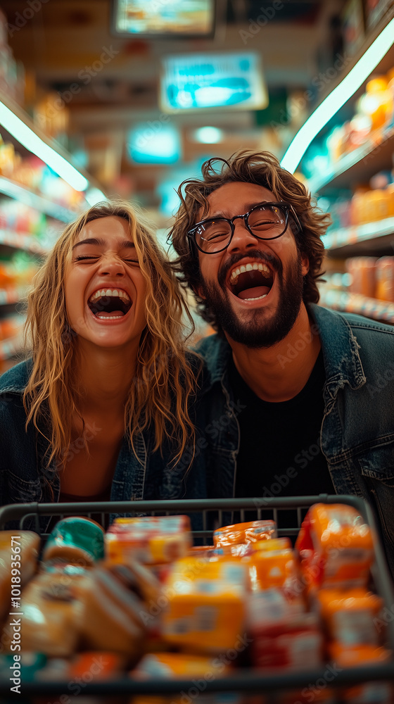 couple woman and man running and celebrating with shopping cart buying during black friday discount season offers