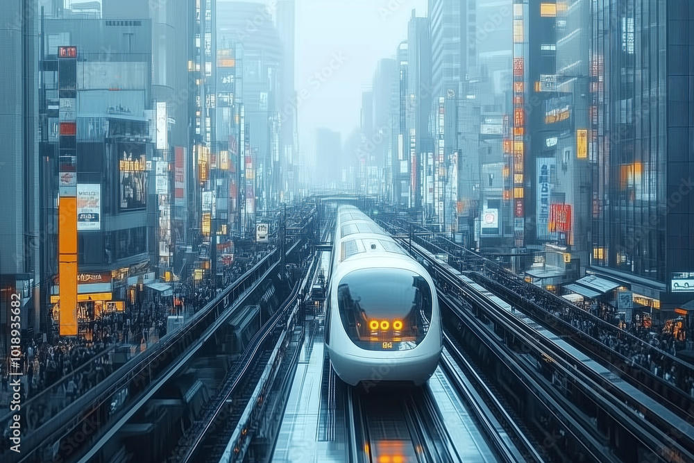 A bustling futuristic cityscape where sleek trains glide through towering skyscrapers, illuminated by vibrant neon lights in a dreamy twilight A bustling futuristic cityscape where sleek trains glide through towering skyscrapers, illuminated by vibrant neon lights in a dreamy twilight
