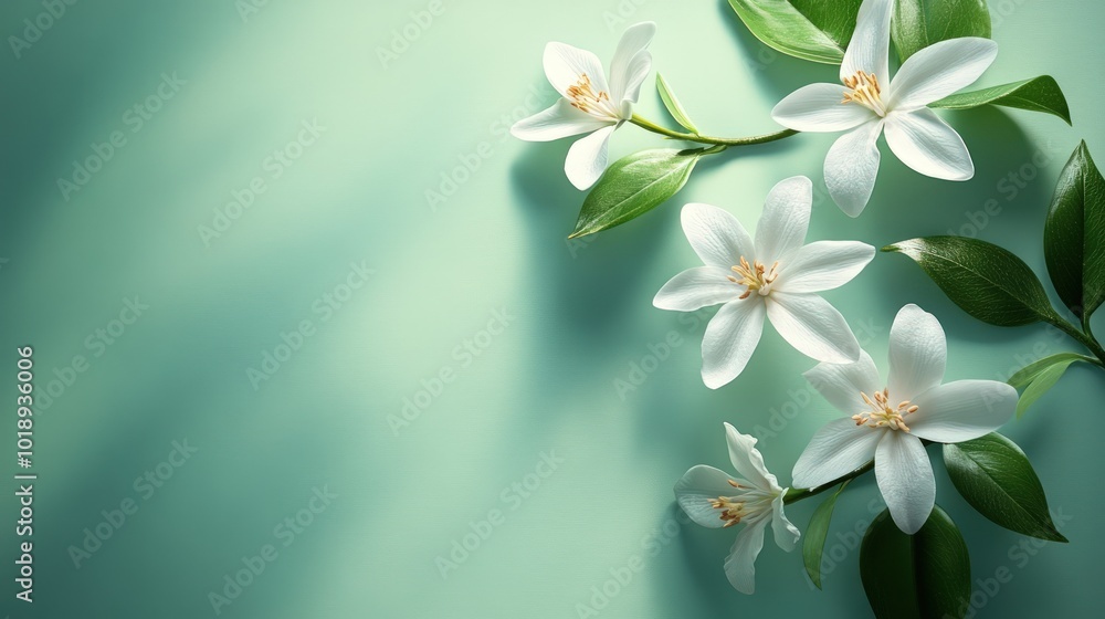 Fototapeta premium White flowers with green leaves on a light green background.