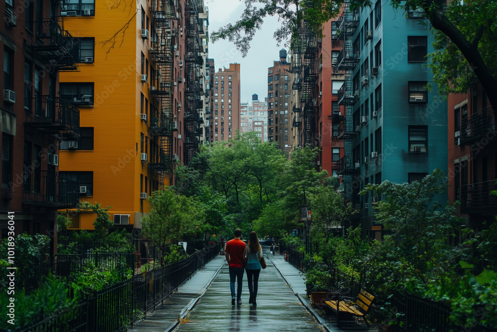 Relaxing stroll through a vibrant city block with lush greenery on a cloudy day Relaxing stroll through a vibrant city block with lush greenery on a cloudy day