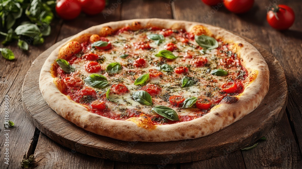 traditional Italian pizza with thin crust and fresh tomato sauce, displayed on a rustic table traditional Italian pizza with thin crust and fresh tomato sauce, displayed on a rustic table