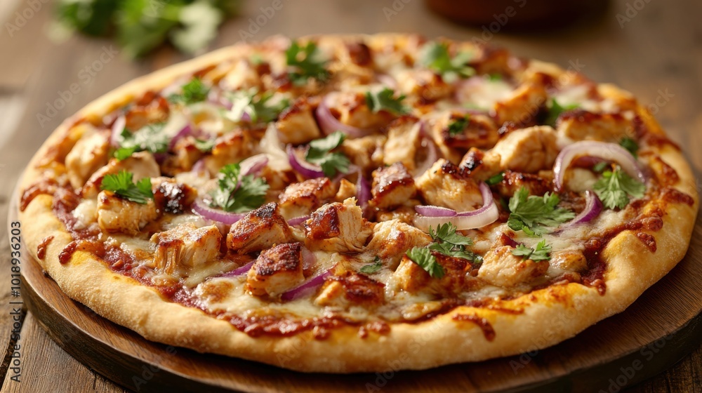 BBQ chicken pizza with red onions, cilantro, and melted cheese
BBQ chicken pizza with red onions, cilantro, and melted cheese