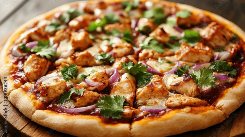 BBQ chicken pizza with onions and cilantro, placed on a rustic wooden board BBQ chicken pizza with onions and cilantro, placed on a rustic wooden board