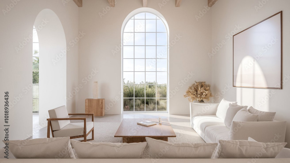 Modern Minimalist Living Room Interior Design with Large Arched Window and White Sofa Modern Minimalist Living Room Interior Design with Large Arched Window and White Sofa