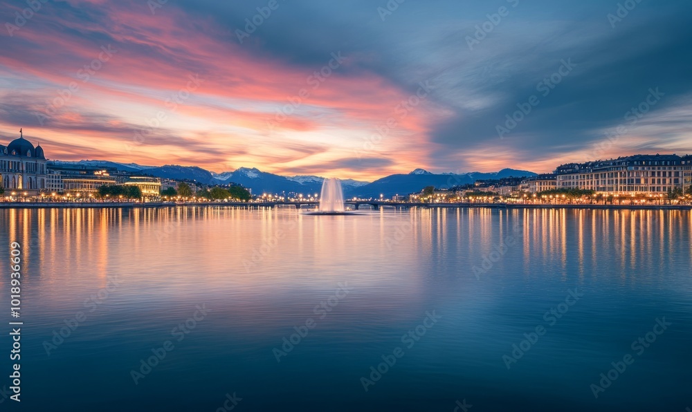 Fototapeta premium Tranquil evening panorama of Geneva with famous