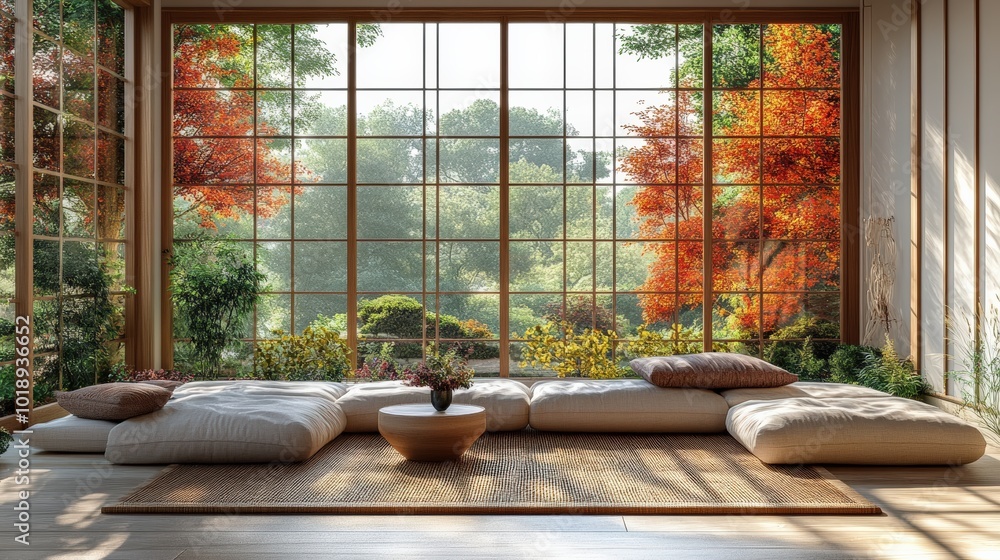 Minimalist Japanese interior design of a modern living room in calm beige tones, Japanese beautiful apartment interior with large windows. Minimalist Japanese interior design of a modern living room in calm beige tones, Japanese beautiful apartment interior with large windows.