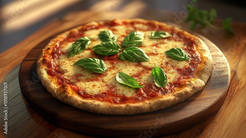 Margherita pizza topped with basil and mozzarella cheese