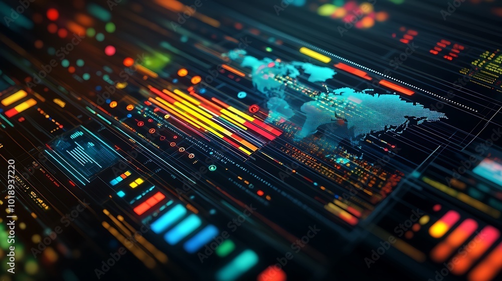 Futuristic digital interface with a world map and glowing lines. Futuristic digital interface with a world map and glowing lines.
