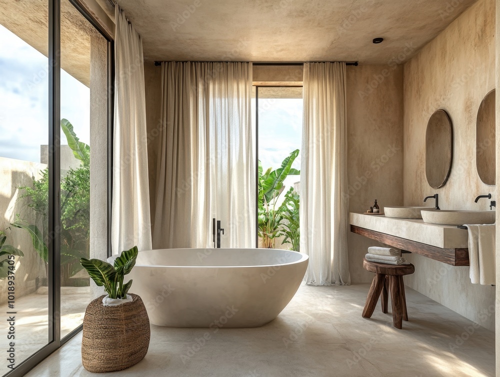 Fototapeta premium A bathroom with a white bathtub and a plant in a basket
