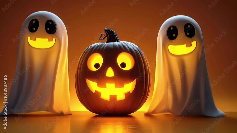 Cute ghost dancing fun with a pumpkin. Created with generative AI. Cute ghost dancing fun with a pumpkin. Created with generative AI.