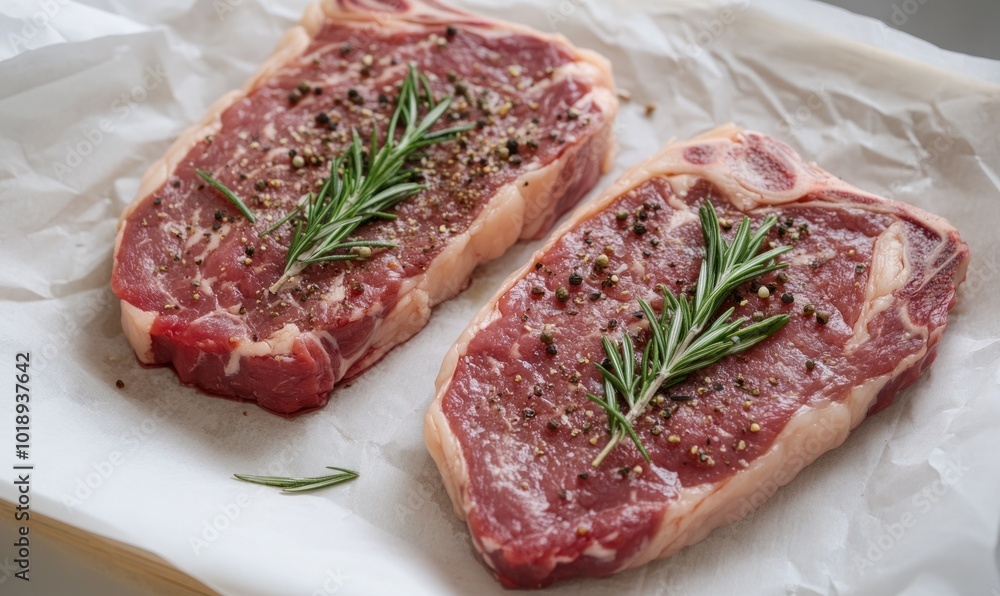Two raw New York steaks with rosemary and spices on a sheet of parchment paper on an old white wooden bag Two raw New York steaks with rosemary and spices on a sheet of parchment paper on an old white wooden bag