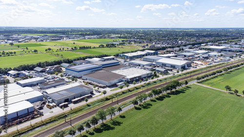  Industrial area with company buildings from above drone view. photo