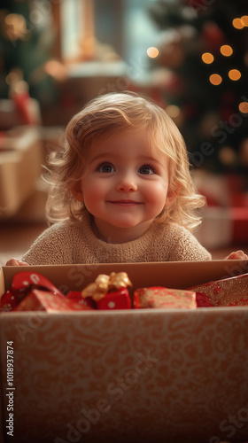 Obraz na płótnie cute smiling happy baby girl receiving her christmas gift in the living room of her house w salonie