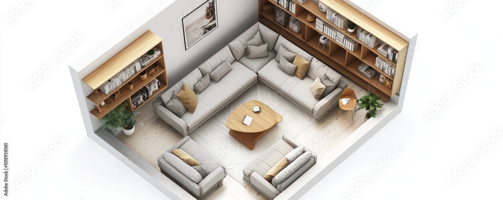 Contemporary living room isometric 3D render with an L-shaped sofa and built-in shelves, floor plan on white. Contemporary living room isometric 3D render with an L-shaped sofa and built-in shelves, floor plan on white.