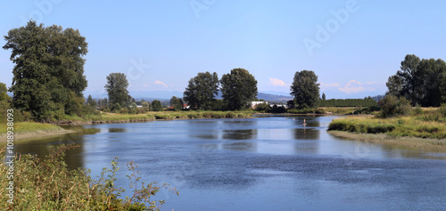 Relaxing summer river scenery with paddleboating photo