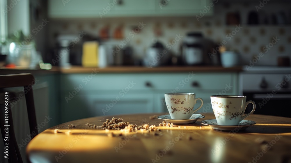cozy kitchen with two coffee cups and a small pile of crumbs on the table after breakfas cozy kitchen with two coffee cups and a small pile of crumbs on the table after breakfas