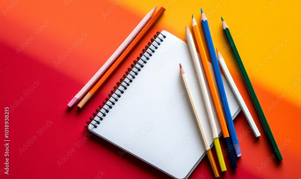 Various colorful pencils on white notebook on red and orange Backdrop Various colorful pencils on white notebook on red and orange Backdrop