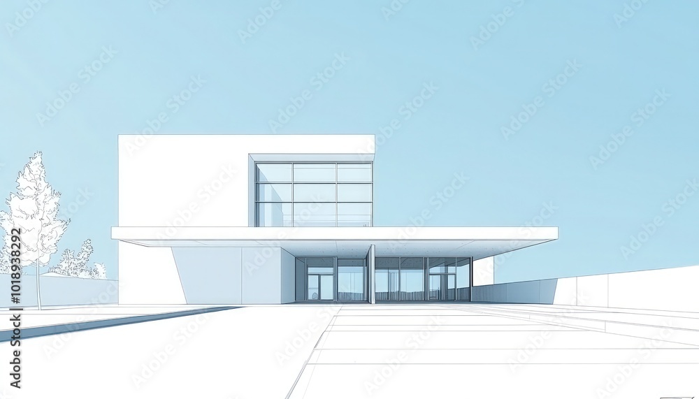 Contemporary white building against a blue sky in minimalist line art Contemporary white building against a blue sky in minimalist line art