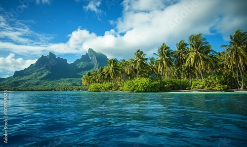 view from the ocean of palm trees, mount oteman and more on the tropical island of bora bora in french polynesia