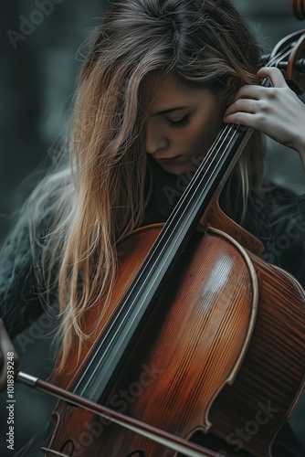 Young woman plays cello passionately, showcasing dedication and artistic talent. Beautiful expression of musical devotion. photo