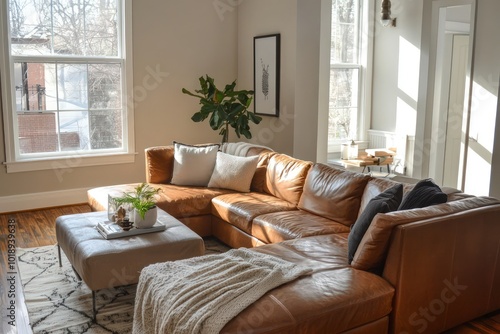 Cozy modern living room with a neutral color palette, featuring a brown leather couch and stylish decor.