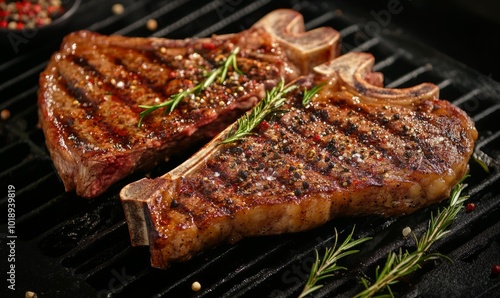 T-bone steaks. Grilled beef pieces or Porterhouse steak with spices, rosemary and pepper