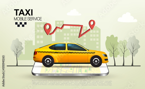 Taxi service smartphone app. Yellow taxi car goes to the call location and smartphone with taxi service mobile app or order taxi online. Vector.
