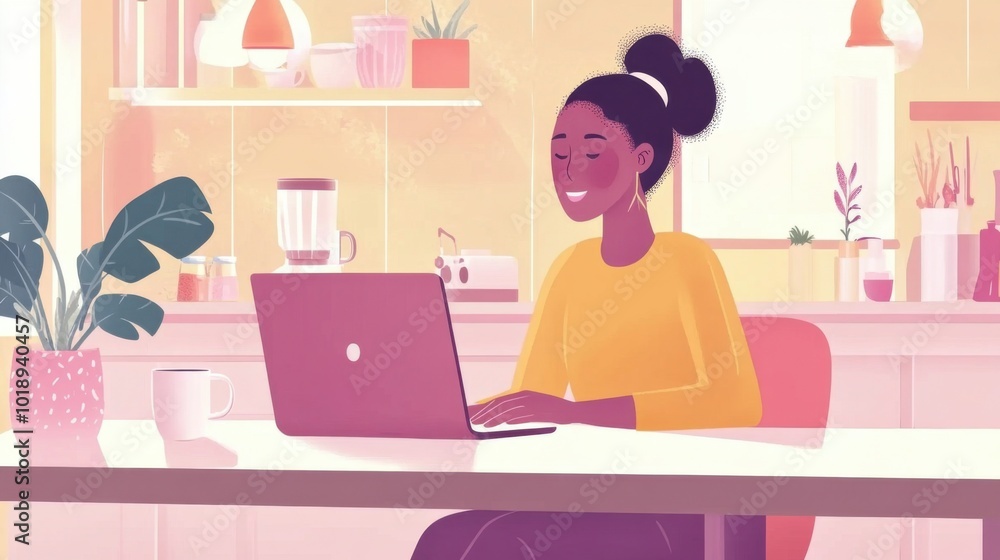 woman typing on a laptop while sitting at a kitchen table woman typing on a laptop while sitting at a kitchen table