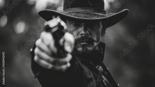 Gangster, Black and white portrait of determined man in cowboy hat pointing revolver directly at camera. intense gaze and dramatic lighting emphasize tension and seriousness of moment