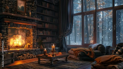 Cozy library room with a comfortable sofa, warm fireplace, and a book resting on the shelf, perfect for relaxing.
 Seamless looping 4k time-lapse virtual video animation Generated AI