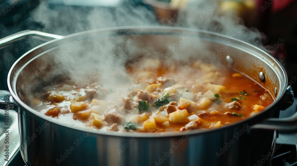 Steaming Pot of Hearty Vegetable Soup Steaming Pot of Hearty Vegetable Soup