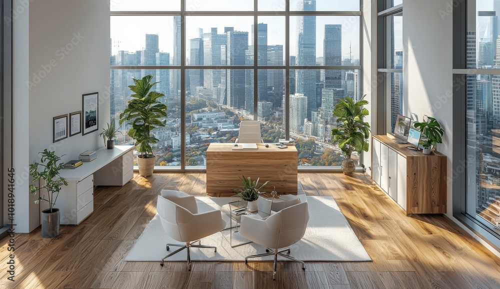 Modern office with panoramic windows and cityscape view featuring stylish furniture and green plants Modern office with panoramic windows and cityscape view featuring stylish furniture and green plants