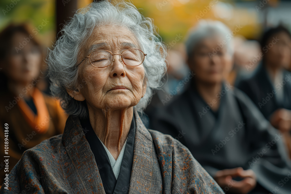 A group of older adults practicing meditation, focusing on mindfulness and emotional well-being. Concept of mindfulness. A group of older adults practicing meditation, focusing on mindfulness and emotional well-being. Concept of mindfulness.