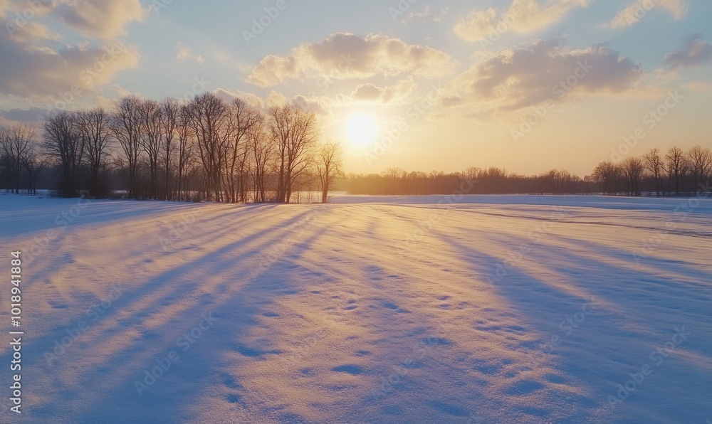 Winter sunset casting long shadows on a snow-covered field, with trees in the distance Winter sunset casting long shadows on a snow-covered field, with trees in the distance