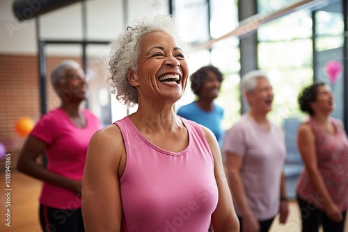 Adult women of different skin colors dance in an aerobic class. Old women enjoying dancing. Africans, Europeans and Asians. Healthy and active lifestyle