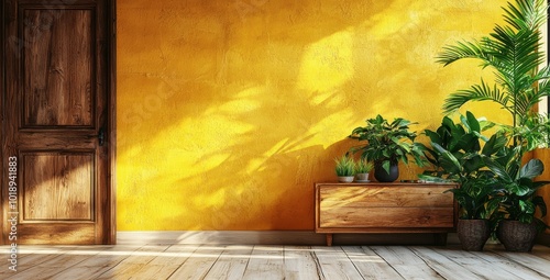 Sunny living room interior featuring a vibrant yellow wall, wooden flooring, and natural wooden door. Enhanced with lush green plants and a stylish wooden sideboard.