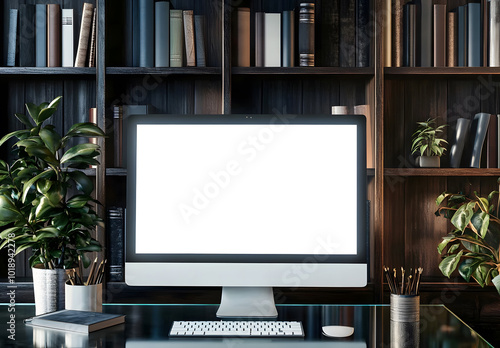 Blank computer screen on the glassy table at bookshelf background design,