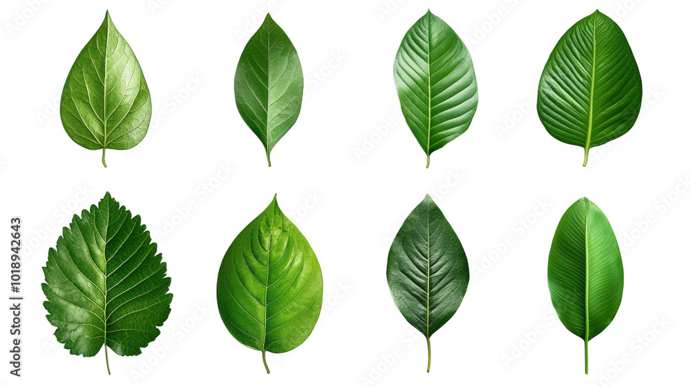 A series of green leaves, each with a different shape and size A series of green leaves, each with a different shape and size