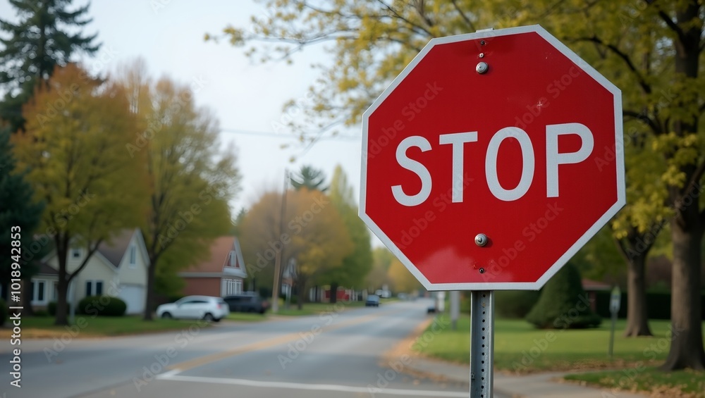 Vibrant red stop sign at suburban intersection Vibrant red stop sign at suburban intersection