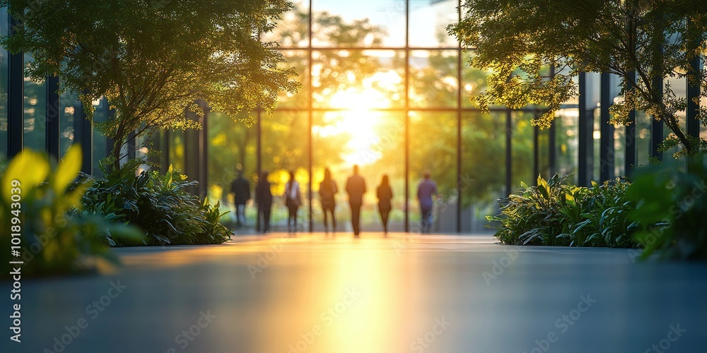 blurred people walking in a modern office building with green trees and sunlight, symbolizing an environmentally responsible and sustainable business setting with a focus on eco-friendliness blurred people walking in a modern office building with green trees and sunlight, symbolizing an environmentally responsible and sustainable business setting with a focus on eco-friendliness