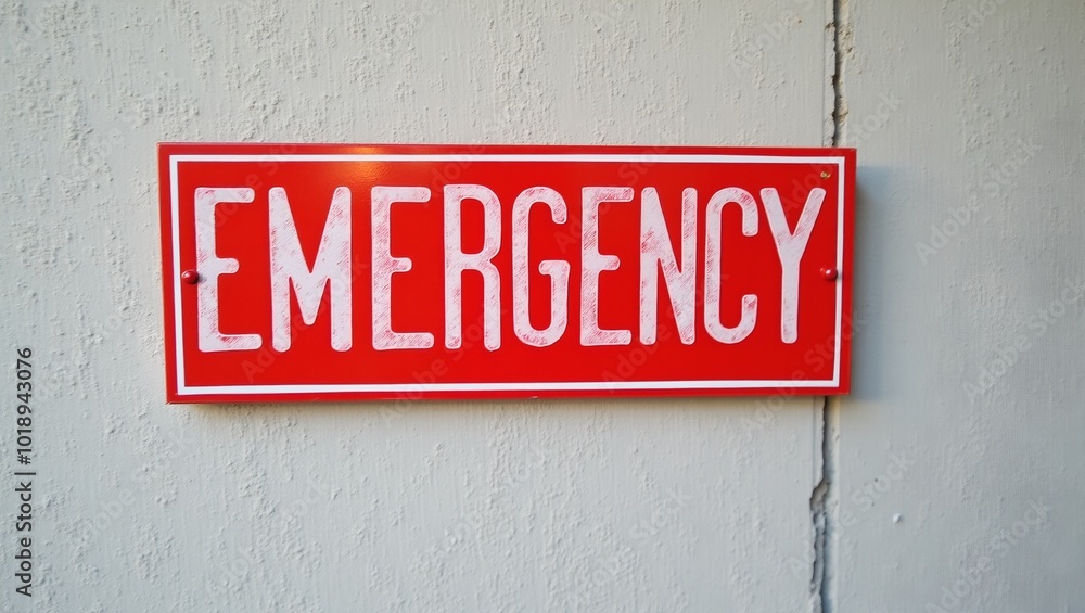 Bold red and white Emergency sign on concrete wall Bold red and white Emergency sign on concrete wall