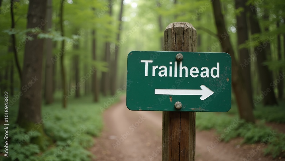 Trailhead sign on wooden post beside forest trail Trailhead sign on wooden post beside forest trail