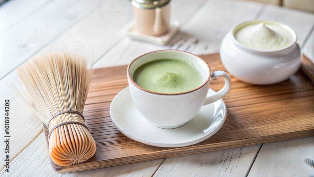 Matcha green tea in ceramic cup with bamboo whisk on wooden tray Matcha green tea in ceramic cup with bamboo whisk on wooden tray