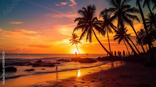 Sunset on beach with people and palms