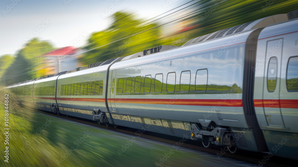 High speed Train racing through a green countryside with motion blur. The train is sleek and silver, with its body glinting in the sunlight. The train is cutting through vibrant fields. High speed Train racing through a green countryside with motion blur. The train is sleek and silver, with its body glinting in the sunlight. The train is cutting through vibrant fields.