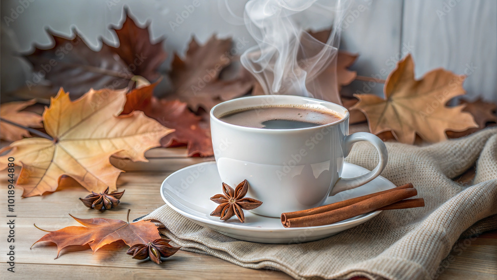 Spiced tea with star anise and cinnamon stick in cup surrounded by autumn leaves Spiced tea with star anise and cinnamon stick in cup surrounded by autumn leaves
