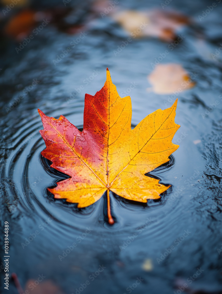 Vibrant autumn maple leaf floating on calm water with ripples. Vibrant autumn maple leaf floating on calm water with ripples.
