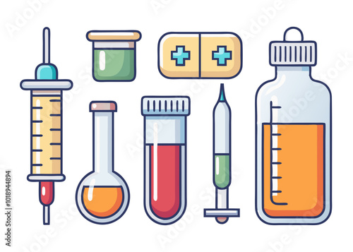 Medical set of icons with syringes, capsules, Collection of Colorful Medical and Healthcare Icons