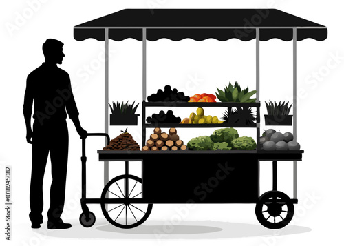 Silhouette of a Street Vendor Selling Produce, Silhouette of a Street Vendor Selling Fruit from a Cart